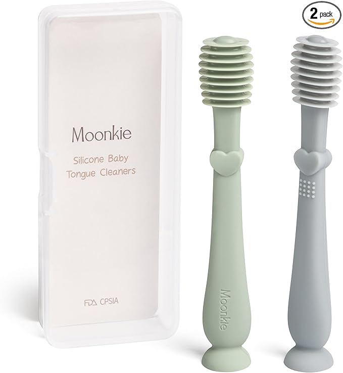 Moonkie Baby Tongue Cleaner, Toddler Toothbrush, Baby Oral Cleaner Newborn Kit for 3 Months+, 2 Pcs (Blue/Mint)