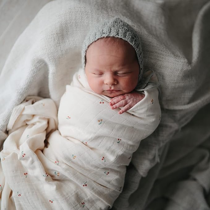 mushie Muslin Baby Swaddle Blanket | 100% Organic Cotton (Cherries)
