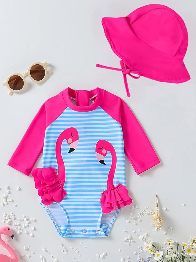 WOLBAY Baby Girl Swimsuit Long Sleeve One Piece Rash Guard with Sun Hat Zipper Bathing Suit Size 0-2T
