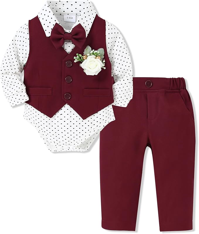SANMIO Baby Boy Clothes Suits Infant Gentleman Outfit Collared Dress Shirt+Vest+Tie+Corsage+Pants 5Pcs Baby Suit Sets