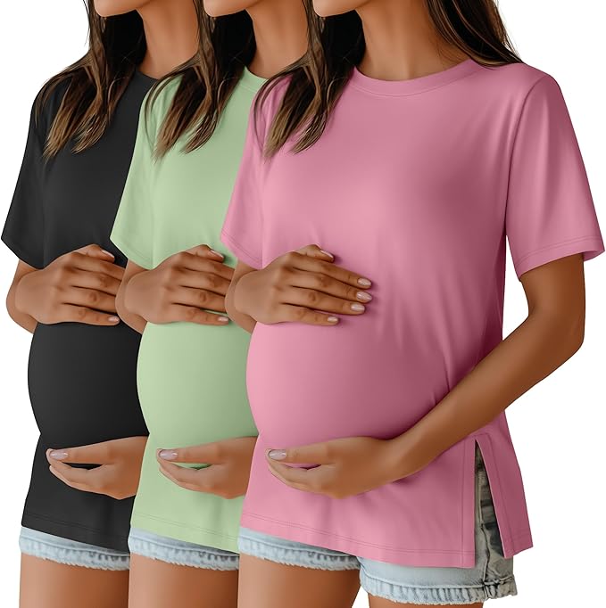 Ficerd 3 Pack Women's Maternity T Shirts, Short Sleeve Side Split Pregnancy Tops Casual Crew Neck Pregnant Tees Mama Clothes