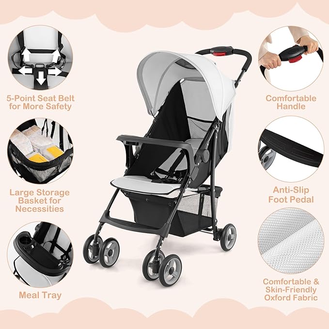 HONEY JOY Lightweight Stroller, Compact Travel Stroller for Airplane, Toddler Fold Pushchair w/Adjustable Canopy & Backrest, Storage Basket, Umbrella Stroller for Infants (Gray)
