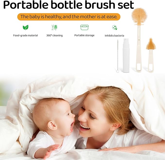 HOEREV Portable Baby Silicone Bottle Brush Set Include Pacifier Brush, Straw Brush, draining Rack, Portable Box