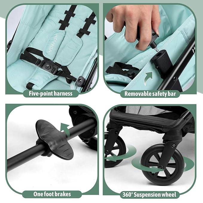 Lightweight Stroller, One-Hand Fold Compact Travel Stroller from Birth to 55 lbs, UPF 50+ Large Canopy & 5-Point Harness, Adjustable Reclining Seat- Green