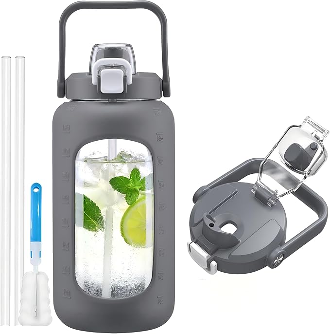72oz Glass Water Bottle with 2-IN-1 Straw &Chug Lid, Large Motivational Glass Bottle with Capacity Marker and Silicone Sleeve, 2.1L Gallon Water Jug for Home, Sports, Gym, BPA Free-Gray