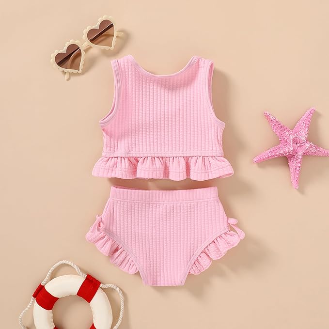 HAPPYMA Baby Swimsuit Toddler Girl Bathing Suit Summer Solid Color Bikini Set Beach Two Piece Swim Wear