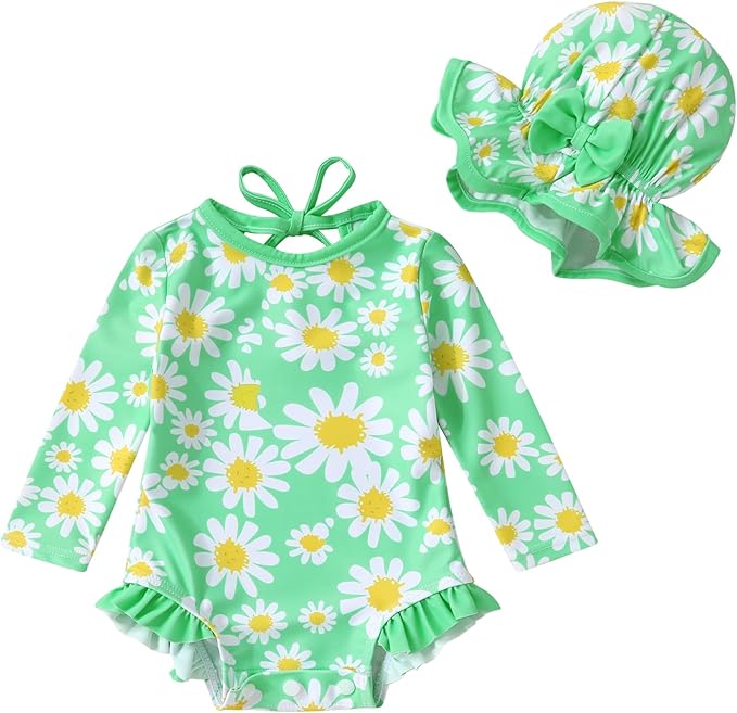 YOUNGER TREE Infant Baby Girls Swimsuit Long Sleeve Swimsuits One Piece Swimsuit Solid Color Bathing Suit with Hat, UPF 50+