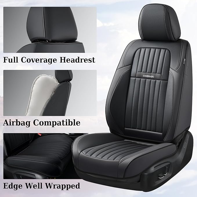 Coverado Car Seat Covers Full Set, Seat Covers for Cars, Black Car Seat Cover, Nappa Leather Car Seat Cushion, Car Seat Protector, Waterproof Car Seat Covers Front Seats and Back Fit for Most Cars