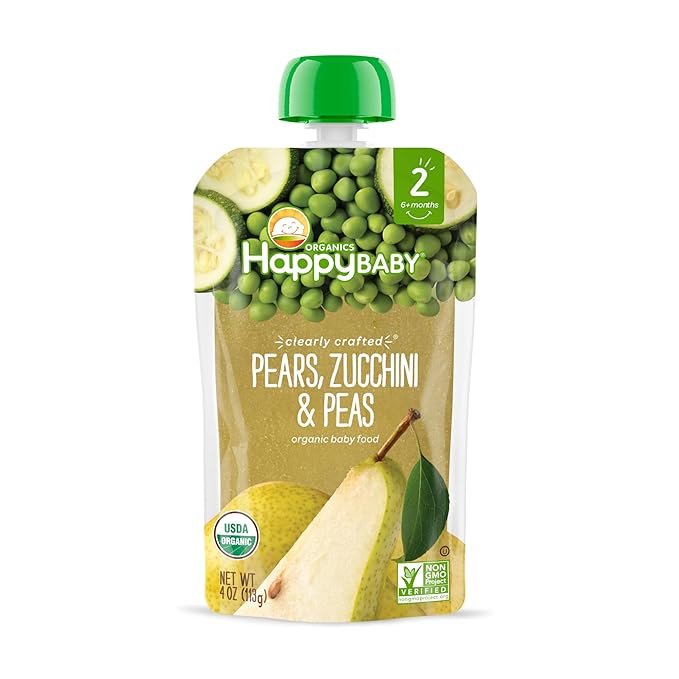 Happy Baby Organics Stage 2 Baby Food Pouches, Gluten Free, Vegan & Healthy Snack, Clearly Crafted Fruit & Veggie Puree, Pears, Zucchini & Peas, 4 Ounces (Pack of 16)