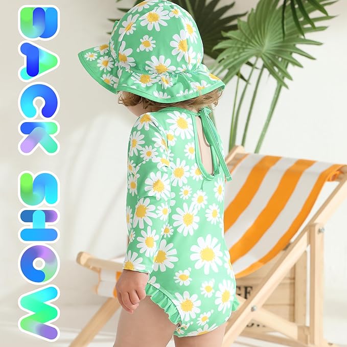 YOUNGER TREE Infant Baby Girls Swimsuit Long Sleeve Swimsuits One Piece Swimsuit Solid Color Bathing Suit with Hat, UPF 50+
