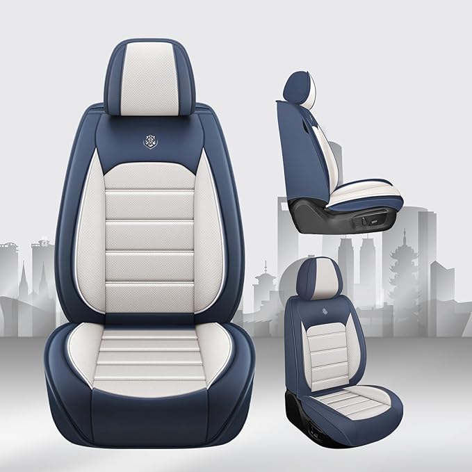 JOJ Car Seat Cover Fit for Toyota Highlander 2001-2025,7 Seat Car Seat Cover,No-Slip Waterproof Breathable Faux Leather Automotive Seat Covers Auto Interior Covers,Full Set,Cream Blue