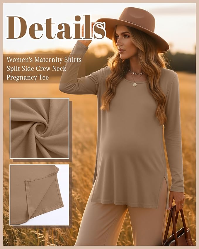 Riyiper 3 Pack Women's Maternity Long Sleeve T-Shirts Round Neck Side Split Tops Loose Casual Pregnancy Mama Clothes Fall