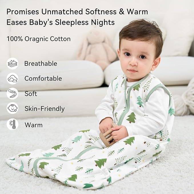 Baby Sleep Sack 6-12 Months 1.0 Tog Baby Wearable Blanket 100% Cotton Sleeping Sack with 2-Way Zipper for Infant Newborn Green Tree