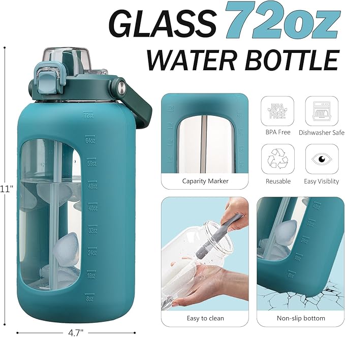72oz Glass Water Bottle with 2-IN-1 Straw &Chug Lid, Large Motivational Glass Bottle with Capacity Marker and Silicone Sleeve, 2.1Liter Gallon Water Jug for Home, Sports, Gym, BPA Free-Green
