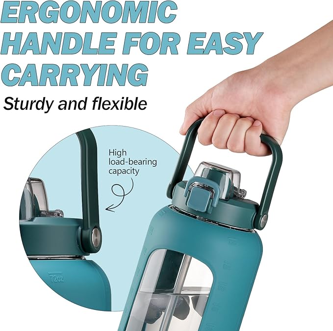 72oz Glass Water Bottle with 2-IN-1 Straw &Chug Lid, Large Motivational Glass Bottle with Capacity Marker and Silicone Sleeve, 2.1Liter Gallon Water Jug for Home, Sports, Gym, BPA Free-Green