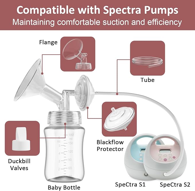 Pump Parts Compatible with Spectra S1/S2/9Plus Breastpump, Full Set Replacement Parts for Spectra Include 26mm Flange,Duckbill Valve,Backflow Protector,Tube,Bottle, Not Original Accessories