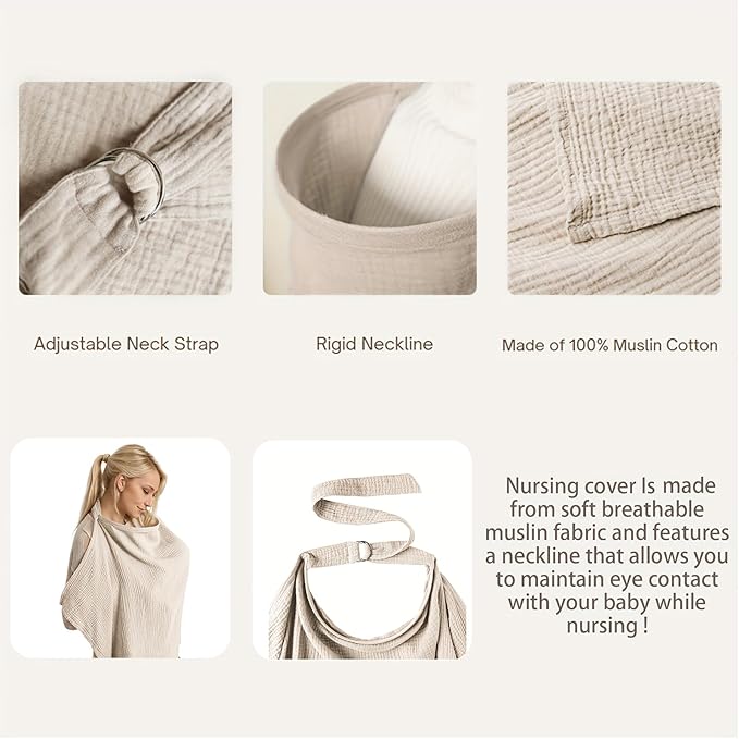 Muslin Cotton Nursing Cover Up for Baby Breastfeeding, Breathable & Soft Privacy Breastfeeding Cover with Arch Neckline for Mom and Baby, Multi-use Adjustable for Mother Nursing Apron