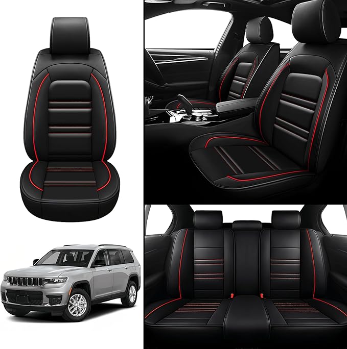 Seat Covers for JP Grand Cherokee 2011-2025 | 5-Seats Leather Seat Covers, Easy to Install Automotive Seat Covers Full Set (Full Set, Black&Red Line)