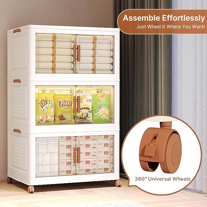 285Qt/70Gal Stackable Storage Bins with Lids and Divider, 3Pack Collapsible Drawers with Doors, Foldable Cabinet with Wheels, Plastic Closet Organizers Containers for Home, Dorm