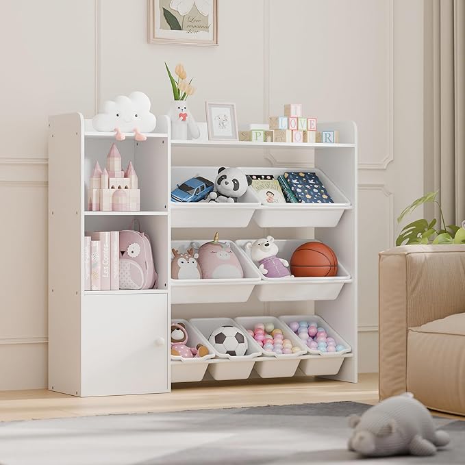 White Toy Storage Organizer, Toy Organizers and Storage Bins, Toy Storage Shelf with 8 Toy Bins, Toy Organizer with Bookshelf, Book Shelf and Toy Storage for Kids Room, Playroom, Bedroom, Nursery