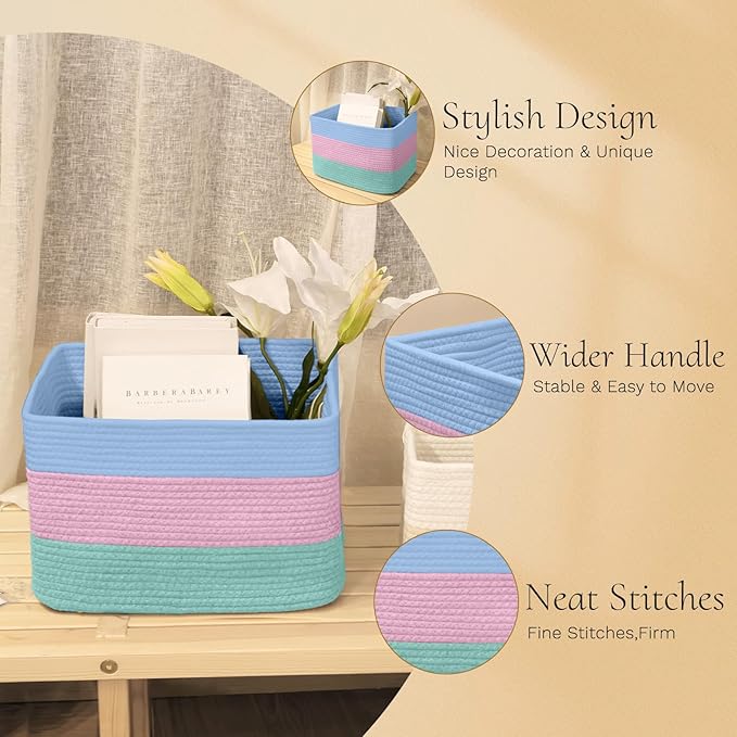 Hopegiver Storage Baskets for Organizing with Handle, Woven Baskets for Shelves - Durable Gift Basket for Cloth Toys Books Baby, Cotton Rope Basket for Dog Cat, 15x11x10 Inch(Blue&Pink&Green)