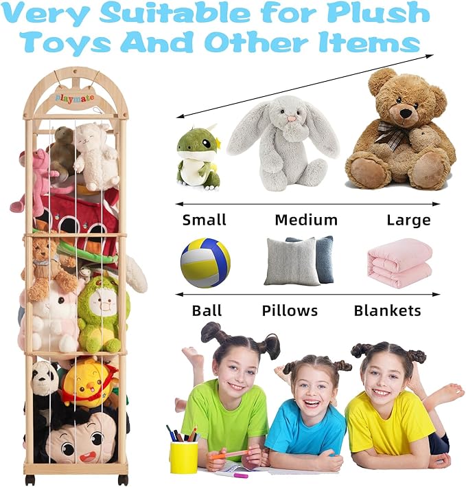 Large Stuffed Animal Storage Organizer, 61" High Premium Wooden Cute Zoo Toy Holder for Toddler Rooms, Playrooms & Bedrooms