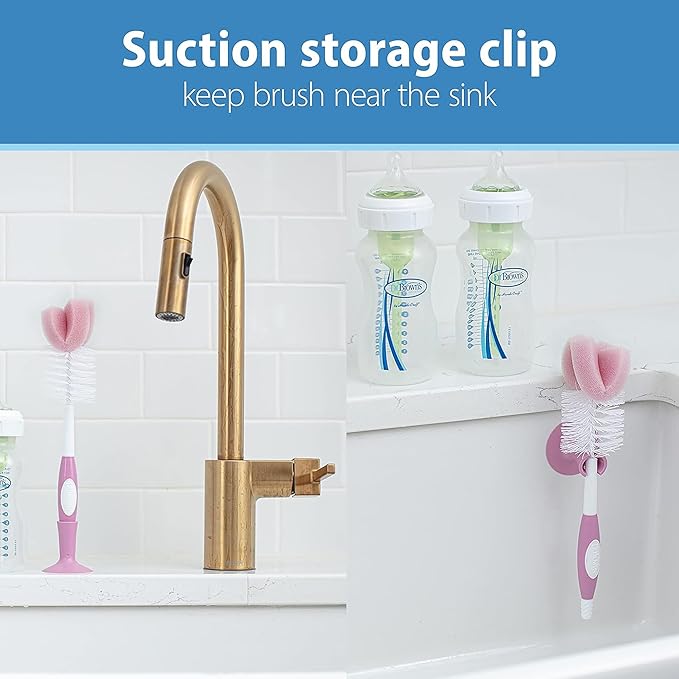 Dr. Brown's Reusable Sponge Baby Bottle Cleaning Brush with Suction Cup Stand, Scrubber and Nipple Cleaner, Pink 2-Pack