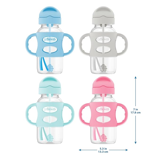 Dr. Brown's Milestones Wide-Neck Sippy Straw Bottle with 100% Silicone Handles and Weighted Straw, 9 oz/270 mL, Blue, 6m+