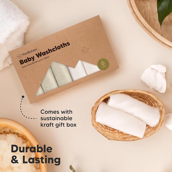 6-Pack Baby Washcloths - Soft Absorbent Viscose from Bamboo Wash Cloths for Babies, Kids, Toddlers, Infant, Newborn Bath Towels, Gentle on Sensitive Skin, 10x10 Reusable Face Towels (White/Stone)