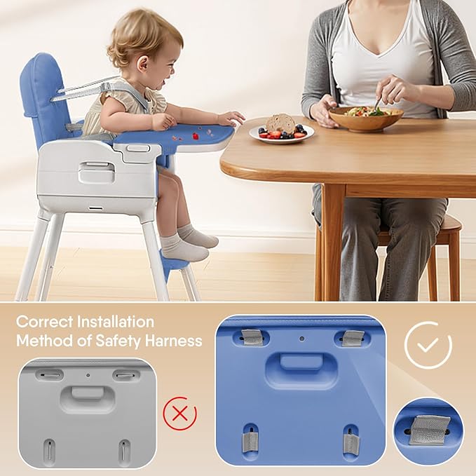 3-in-1 Portable Baby High Chair for Babies and Toddlers, Convertible Easy Clean Infant Foldable Highchair with Adjustable Legs & Dishwasher Safe Tray, Blue