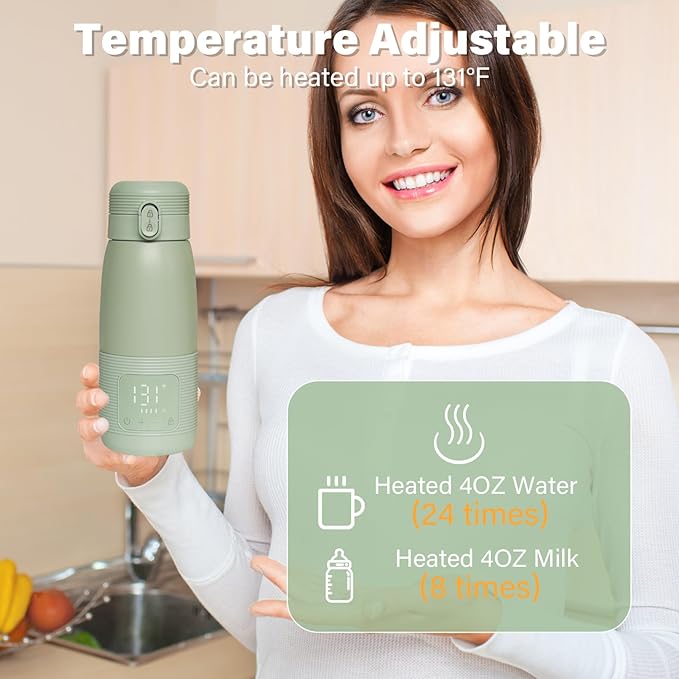 Portable Bottle Warmer for Travel - Super Fast Charging & 5-Min Heating for Breast Milk, Formula & Water, 17oz Large Capacity, Long Battery Life, Perfect for Car/Airplane, Fits Most Bottles