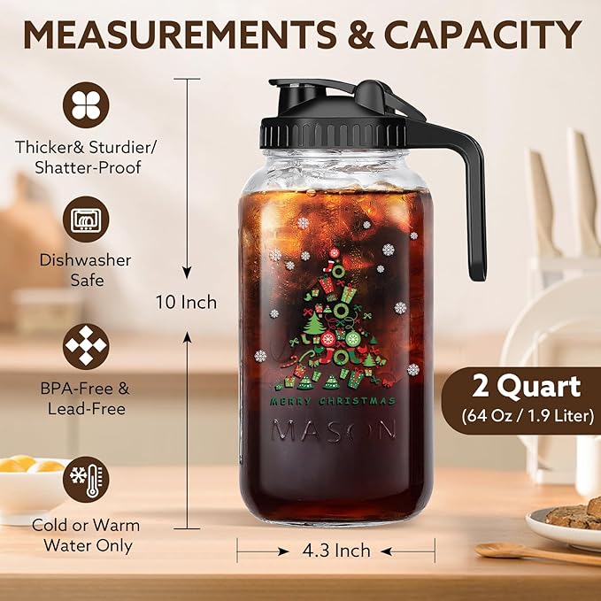 Breast Milk Pitcher,Mason Jar Pitcher with Lid Double Leak Proof, Breastmilk Storage Containers for Fridge, Glass Jug for Sun Tea, Juice, Cold Brew Coffee(Christmas tree）