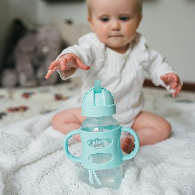 Dr. Brown's Milestones Wide-Neck Sippy Straw Bottle with 100% Silicone Handles and Weighted Straw, 9 oz/270 mL, Green, 6m+