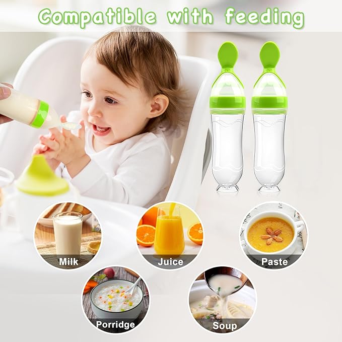 WAJIAYON Baby Food Feeder 4 Pack Silicone Baby Food Dispensing Spoon-3 oz Squeeze Feeding Spoons with Suction Cup for Boys Girl Kids Toddlers - Self Feeding Bottle Spoon-Green