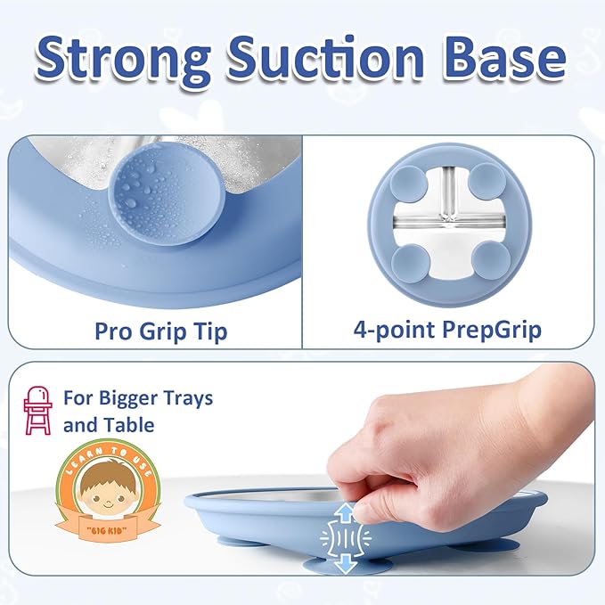 Stainless Steel Toddler Plate with Suction, 9” Divided Plates with Removable Silicone Sleeves for Kids, Non Toxic & BPA Free | Non Slip | Unbreakable Baby Snack Dishes Set of 2, Blue & Gray