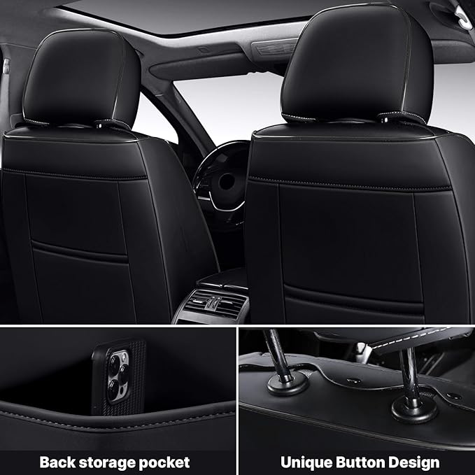 Car Seat Cover Full Set, Waterproof Leather Seat Cover,Front and Rear Auto Seat Cover, Car Seat Cushion, Full Coverage Car Seat Protector Universal Fit Most Cars (5 Seat-Headrest,Black)