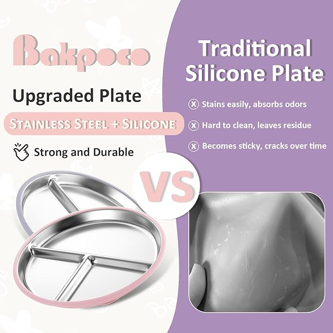 Stainless Steel Suction Plates for Toddlers, 9" Divided Kids Baby Plates with Removable Silicone Suction, Non Toxic Non Slip Portion Control Snack Dishes 3 Packs, Pink Beige Lilac