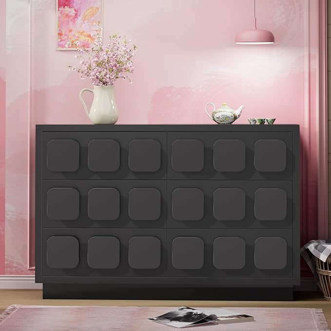 Anbuy Black Baby Dresser for Bedroom, Dresser for Baby with 6 Drawers, Storage and Organization Unit with Square Handles for Nursery, Kids Bedroom