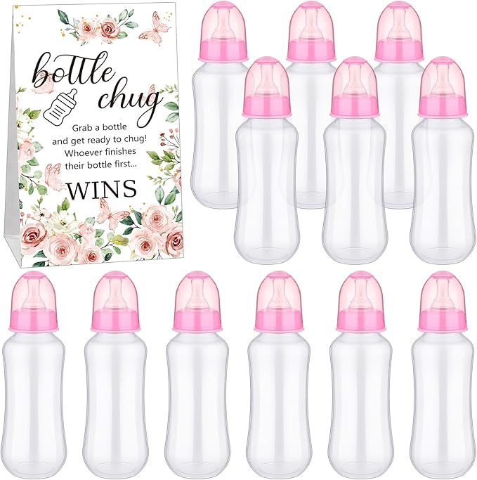 TrelaCo Cool Baby Shower Games Sets 12 Pcs Feeding Bottles with 1 Bottle Chug Sign for Gender Reveal Baby Shower Party Favors Decoration Games(Floral,Pink)