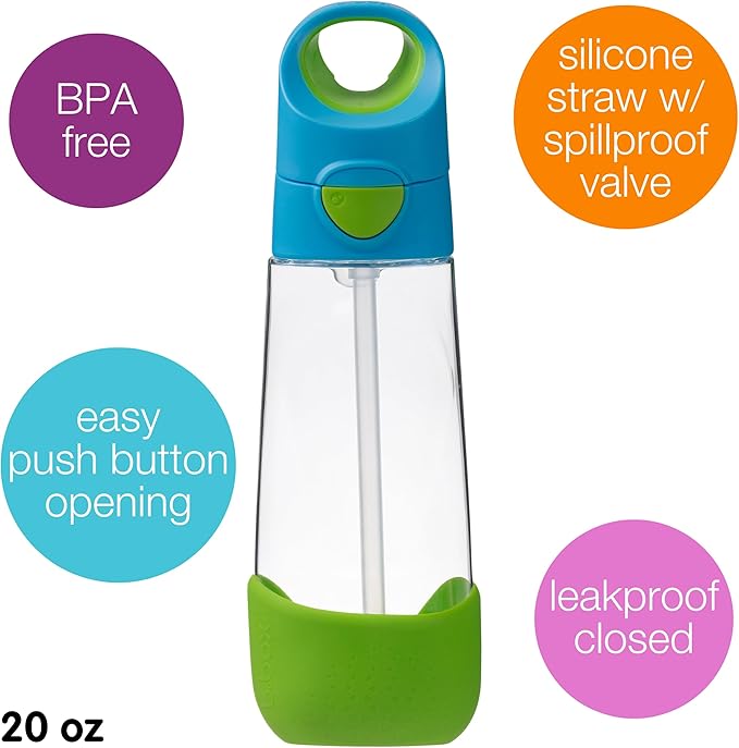 b.box Kids Water Bottle – 20oz Tritan Toddler Drink Bottle with Straw for School, Daycare, Travel w/Easy-Grip Triangular Design, Leak Proof Lid & Handle, BPA Free, Dishwasher Safe (Ocean Breeze)