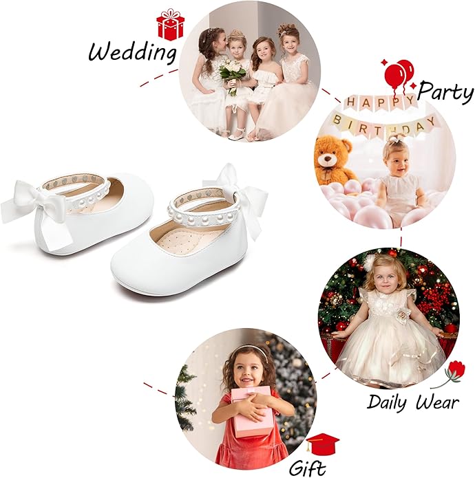 Baby Girls Mary Jane Flats - Infant Newborn Walking Shoes Soft Rubber Sole Princess Wedding