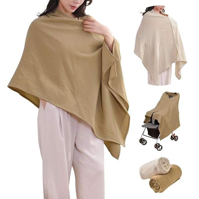 2-Pack Nursing Covers for Breastfeeding, 100% Organic Cotton Muslin Breastfeeding Cover, Multi-Use Nursing Scarf, Car Seat Canopy, Stroller Cover, Soft Breathable Baby Blanket Khaki Brown