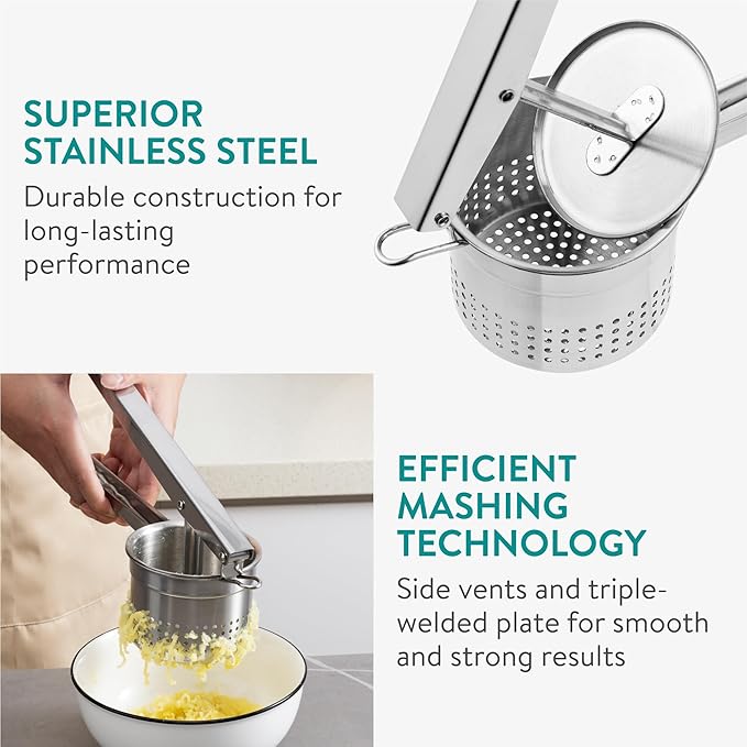 Navaris Stainless Steel Potato Ricer - Ergonomic Handle for Easy Mashed Potatoes - Dishwasher-Ready Potato Mashers - Mechanical Masher Tool Ideal for Potatoes, Baby Food & Avocado