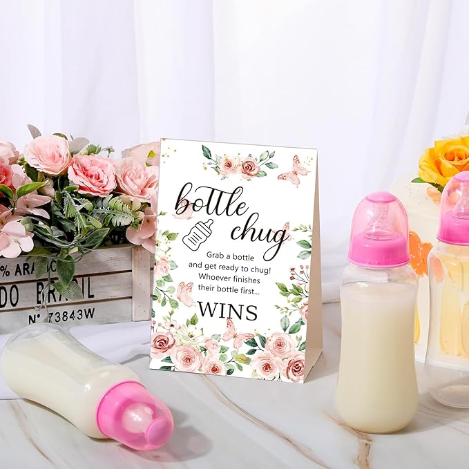 TrelaCo Cool Baby Shower Games Sets 12 Pcs Feeding Bottles with 1 Bottle Chug Sign for Gender Reveal Baby Shower Party Favors Decoration Games(Floral,Pink)