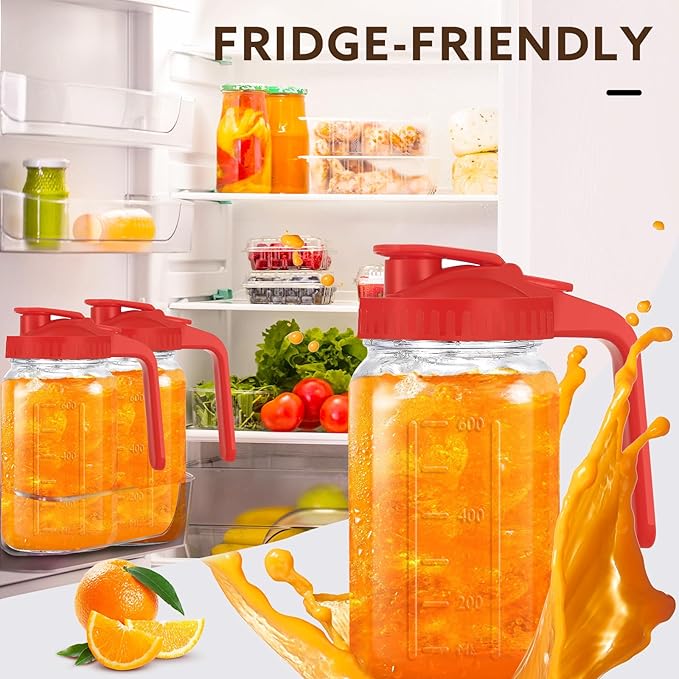Glass Pitcher with Lid, 64 OZ Mason Jar Pitcher Double Leak Proof, 2 Quart Breast Milk Storage Containers for Fridge, Wide Mouth Glass Jar for Sun Tea, Juice, Cold Brew Coffee