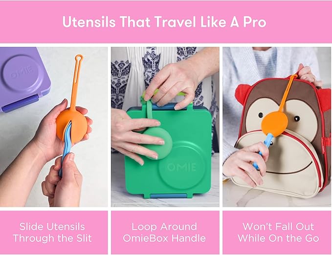 Omie OmieBox Kids Utensils Set with Case - 2 Piece Plastic, Reusable Fork and Spoon Silverware with Pod for Kids (Bubble Pink)