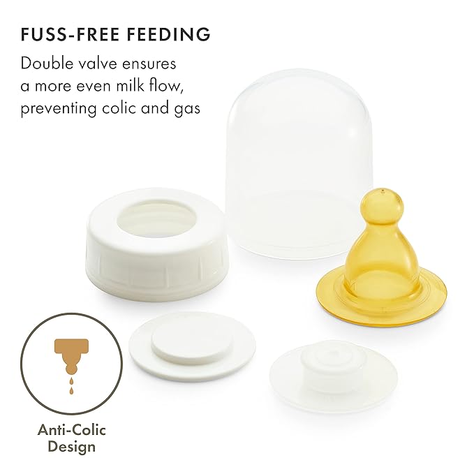 Natursutten Anti-Colic Glass Baby Bottle 2-Pack - 8 oz, 4 oz Bottles for Breastfeeding Babies - Newborn Bottles Set: Natural Rubber Slow-Flow Bottle Nipples, Seals, Valves, Baby Bottle Caps (8 Ounce)