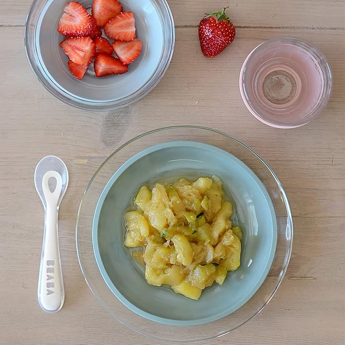 BEABA 3-Piece Glass Meal Set with Silicone Suction, Toddler Plate and Baby Bowls with Suction, Non Slip Kids Dinnerware Set, 2.5x Stronger than Regular Glass, Eucalyptus
