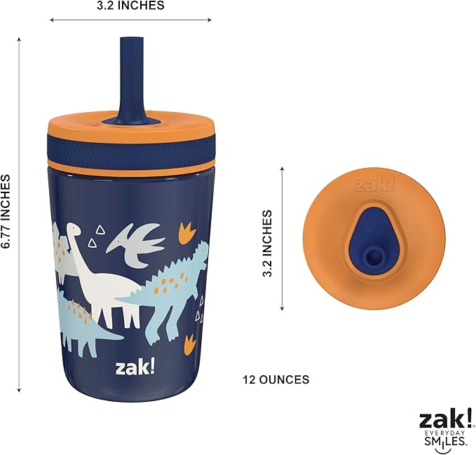 Zak Designs Kelso Toddler Cups For Travel or At Home, 12oz Vacuum Insulated Stainless Steel Sippy Cup With Leak-Proof Design is Perfect For Kids (Zaksaurus)
