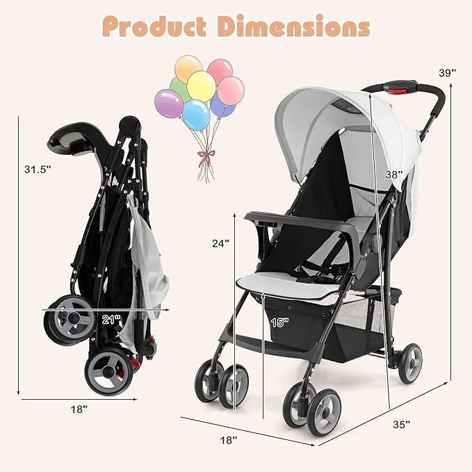HONEY JOY Lightweight Stroller, Compact Travel Stroller for Airplane, Toddler Fold Pushchair w/Adjustable Canopy & Backrest, Storage Basket, Umbrella Stroller for Infants (Gray)